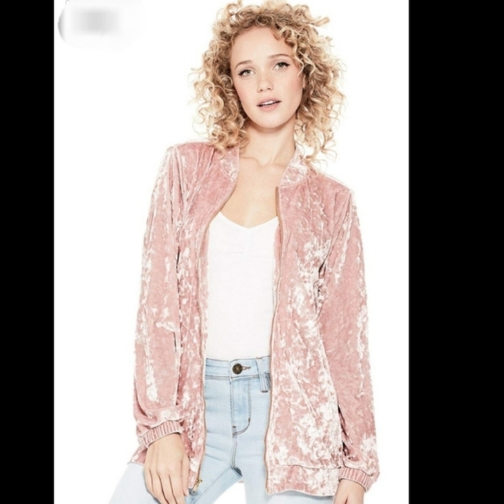 Y2K ♥︎ GUESS ♥︎ Pink Crushed Velvet Gold Zip-Up Long Bomber Jacket • Size SMALL